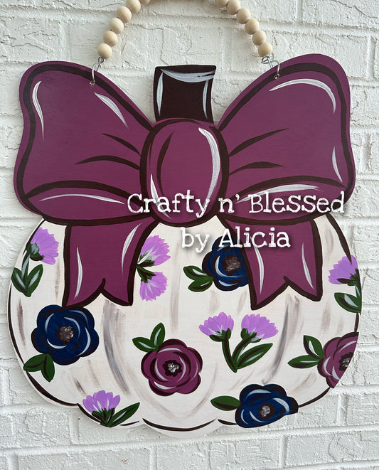 Purple Bow Floral Pumpkin Door Hanger
