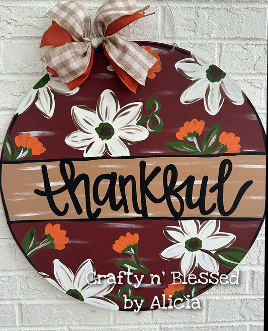 Maroon Thankful Floral Door Hanger
