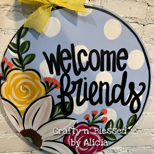 Blue Cotton Welcome Friends Round Door Hanger