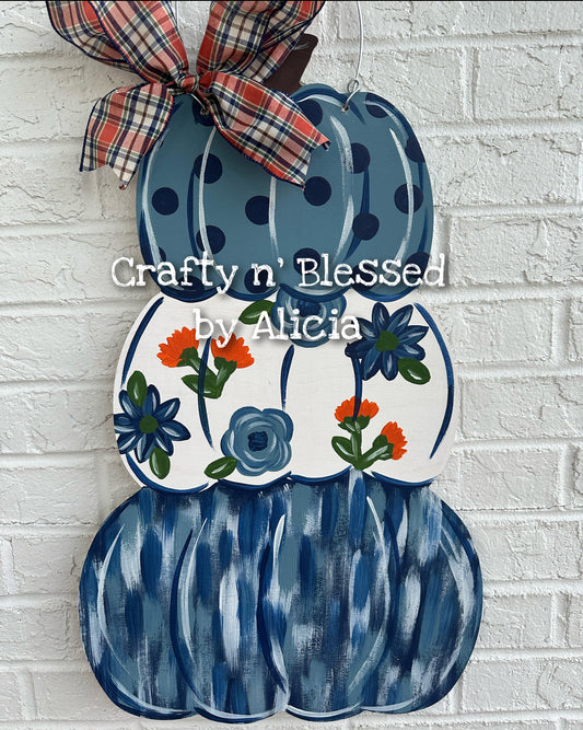 Stacked Blue Floral Pumpkins Door Hanger
