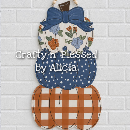 Stacked Blue Bow Floral Pumpkins Door Hanger