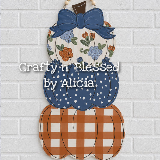 Stacked Blue Bow Floral Pumpkins Door Hanger