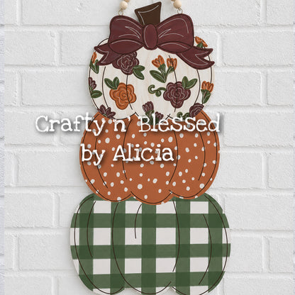 Stacked Green Plaid Floral Pumpkins Door Hanger