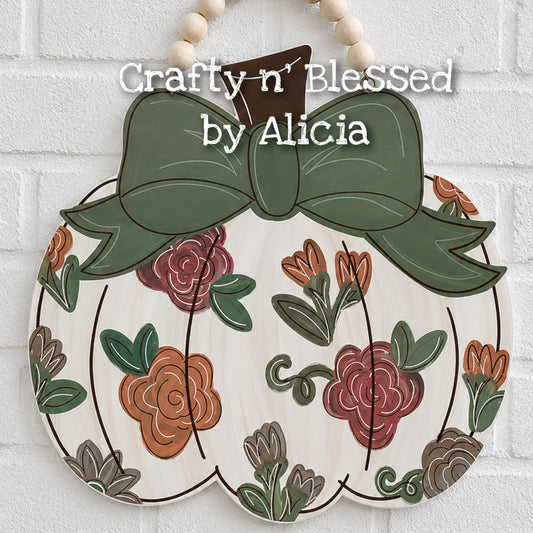 Green Floral Pumpkin Door Hanger