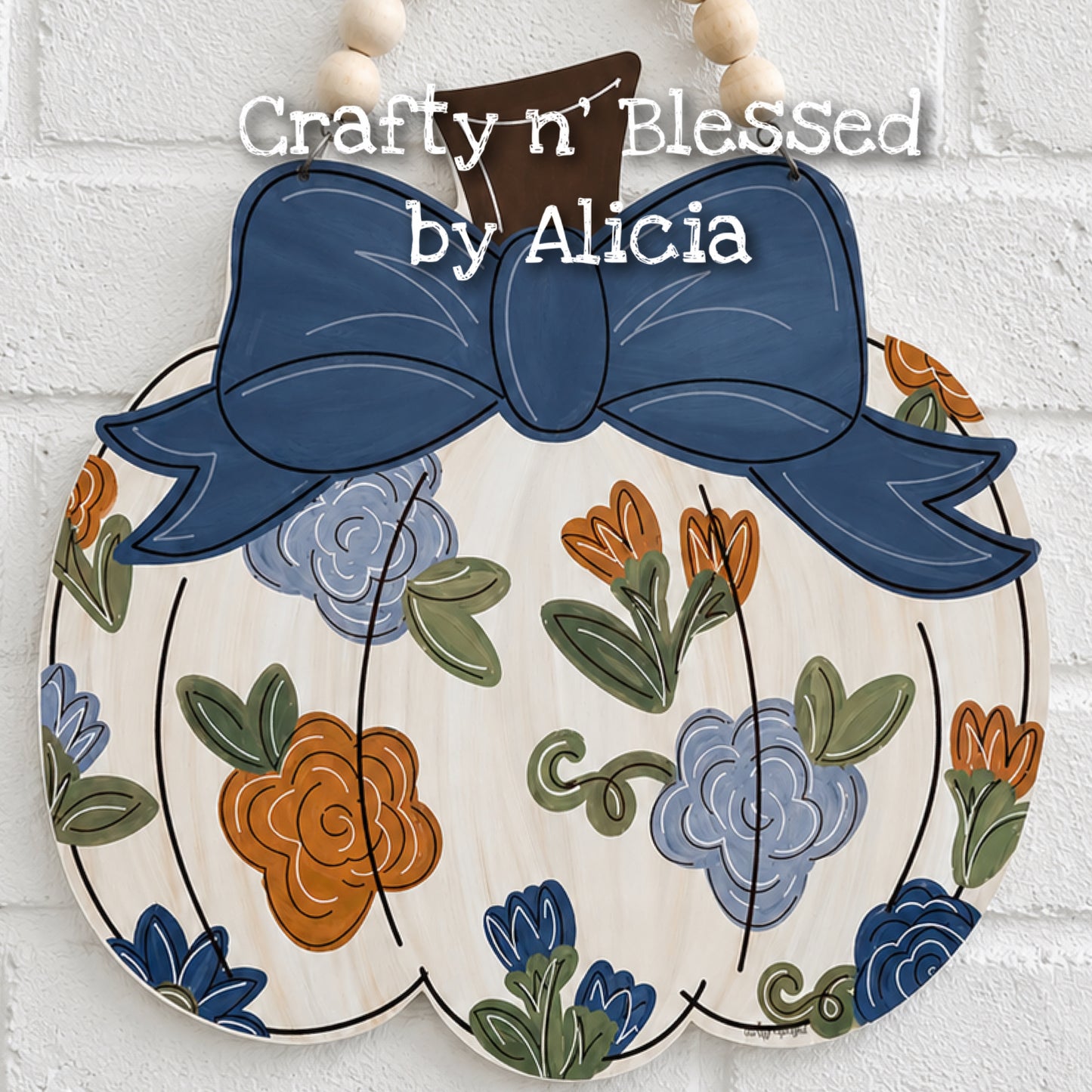 Blue Bow Floral Pumpkin Door Hanger