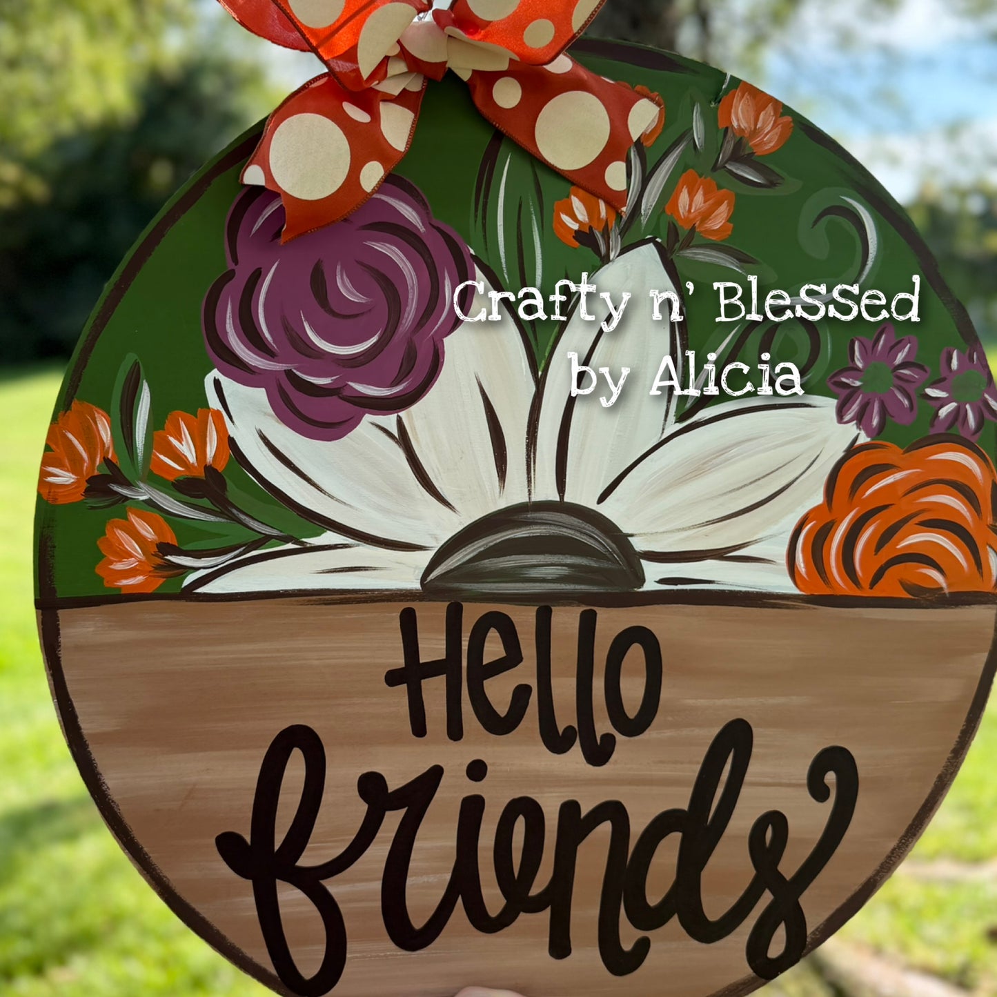 Hello Friends Green Floral Door Hanger