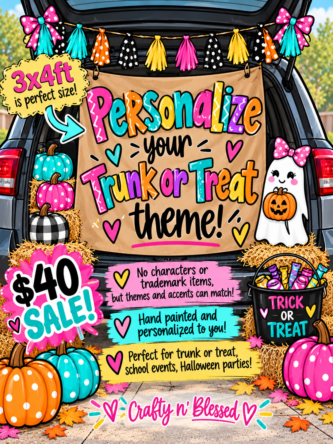 Personalized Custom Hand Painted Trunk of Treat Banner Made to Order