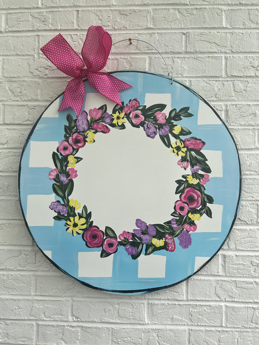 READY TO SHIP/PICKUP Blue Plaid Floral 24" Door Hanger *CAN PERSONALIZE*
