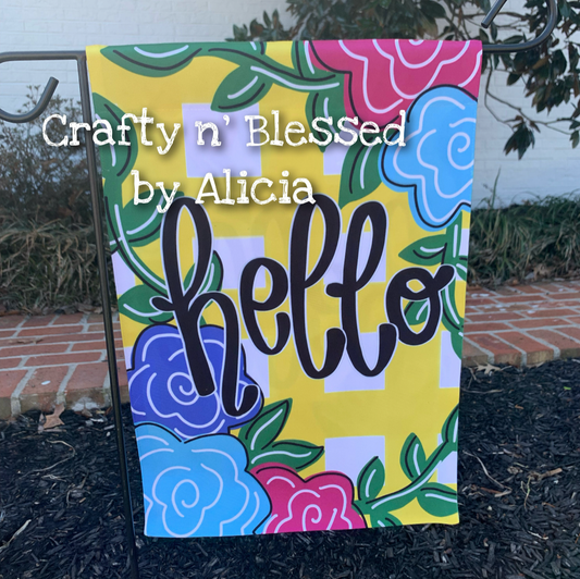 Hello Plaid Floral Garden Flag
