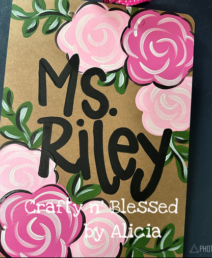 Pink Floral Personalized Painted Wood Clipboard