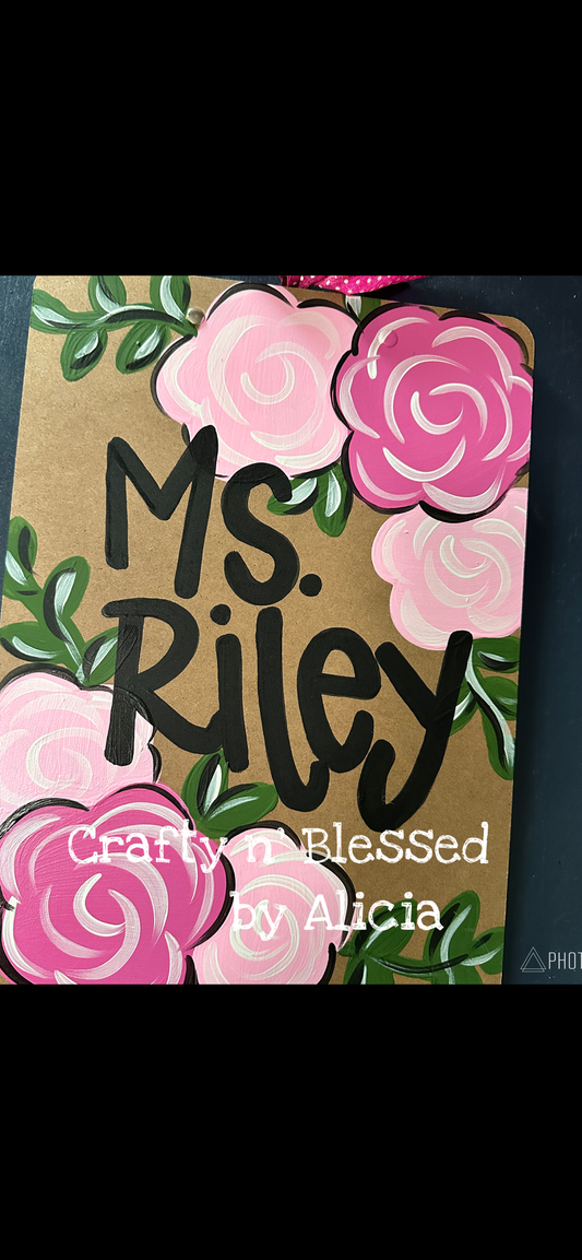 Pink Floral Personalized Painted Wood Clipboard