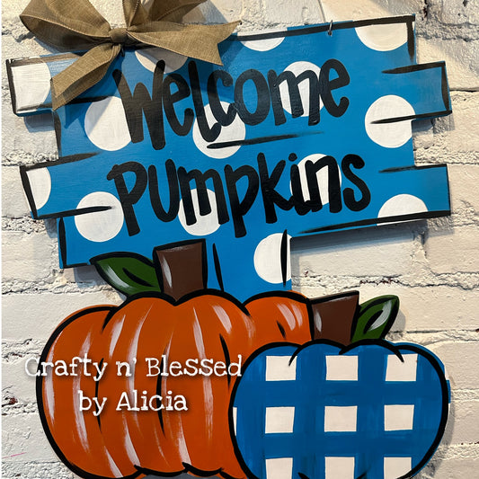 Turquoise Plaid Pumpkin Patch Door Hanger