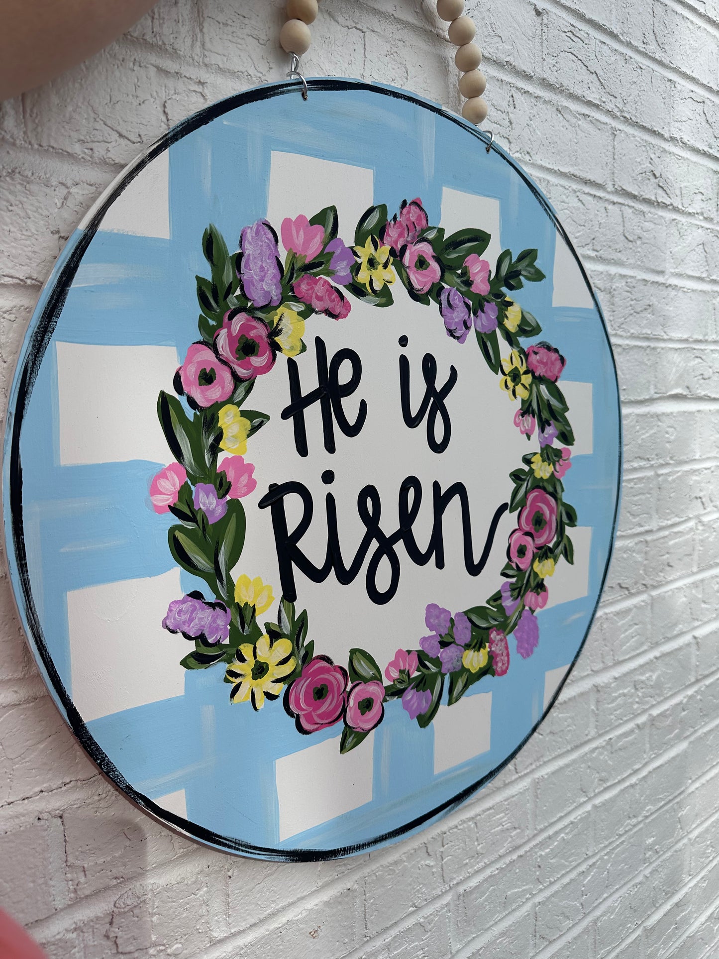 Blue Cotton Plaid Floral Custom Door Hanger