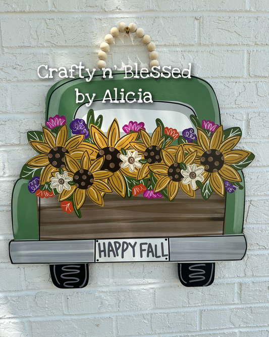 READY to Pickup/Ship Green Sunflower Truck  Door Hanger