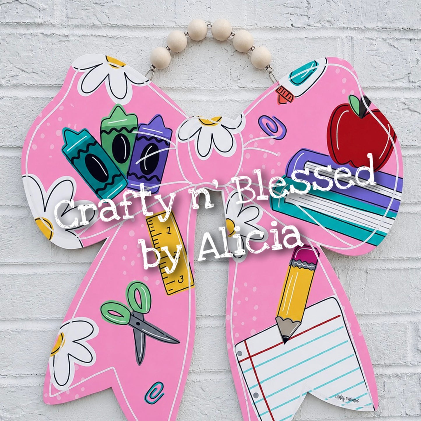 Pink Bow School Supplies Classroom Door Hanger