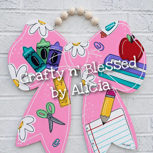 Pink Bow School Supplies Classroom Door Hanger