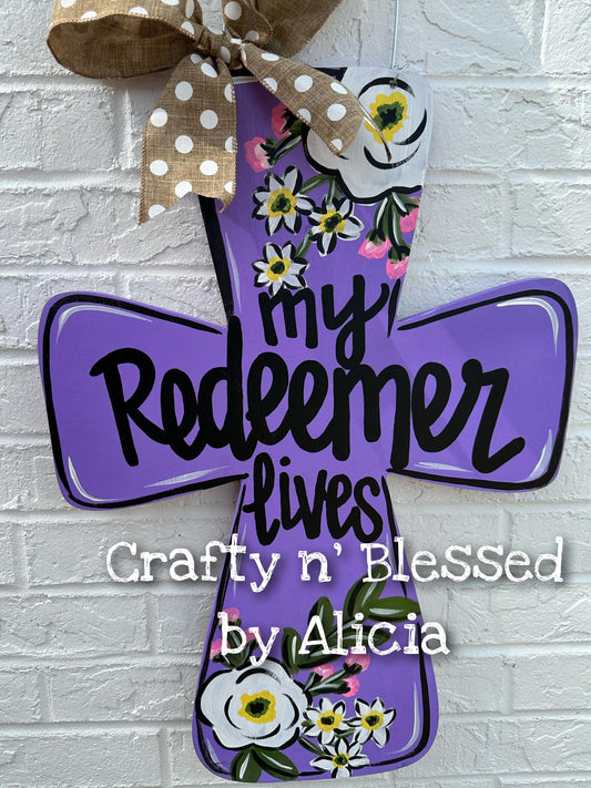 Purple Redeemer Lives Cross Print Door Hanger