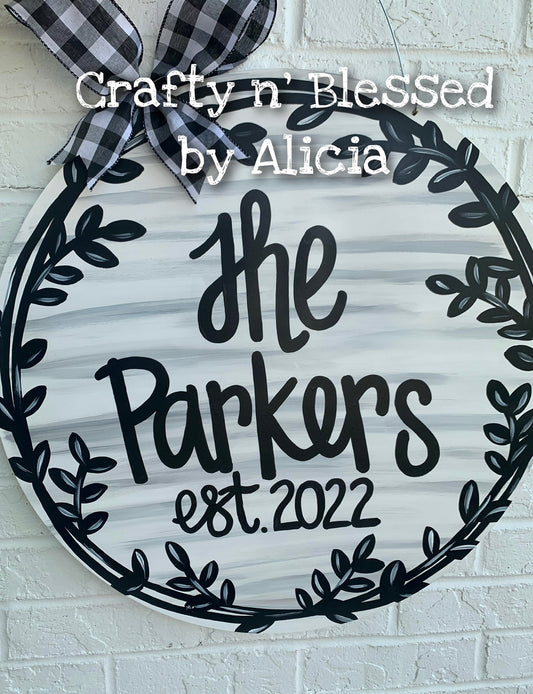 Personalized Name Distressed White Round Door Hanger