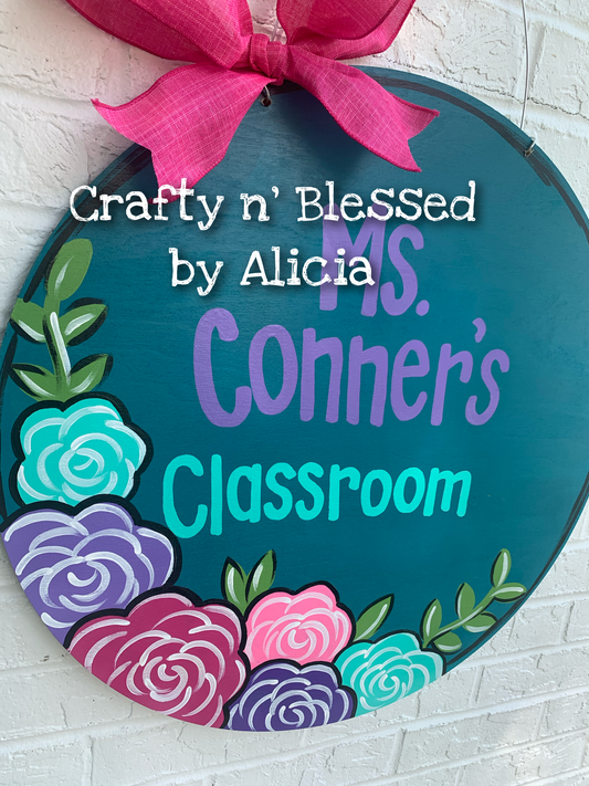 Tuscan Teal Floral Teacher Door Hanger